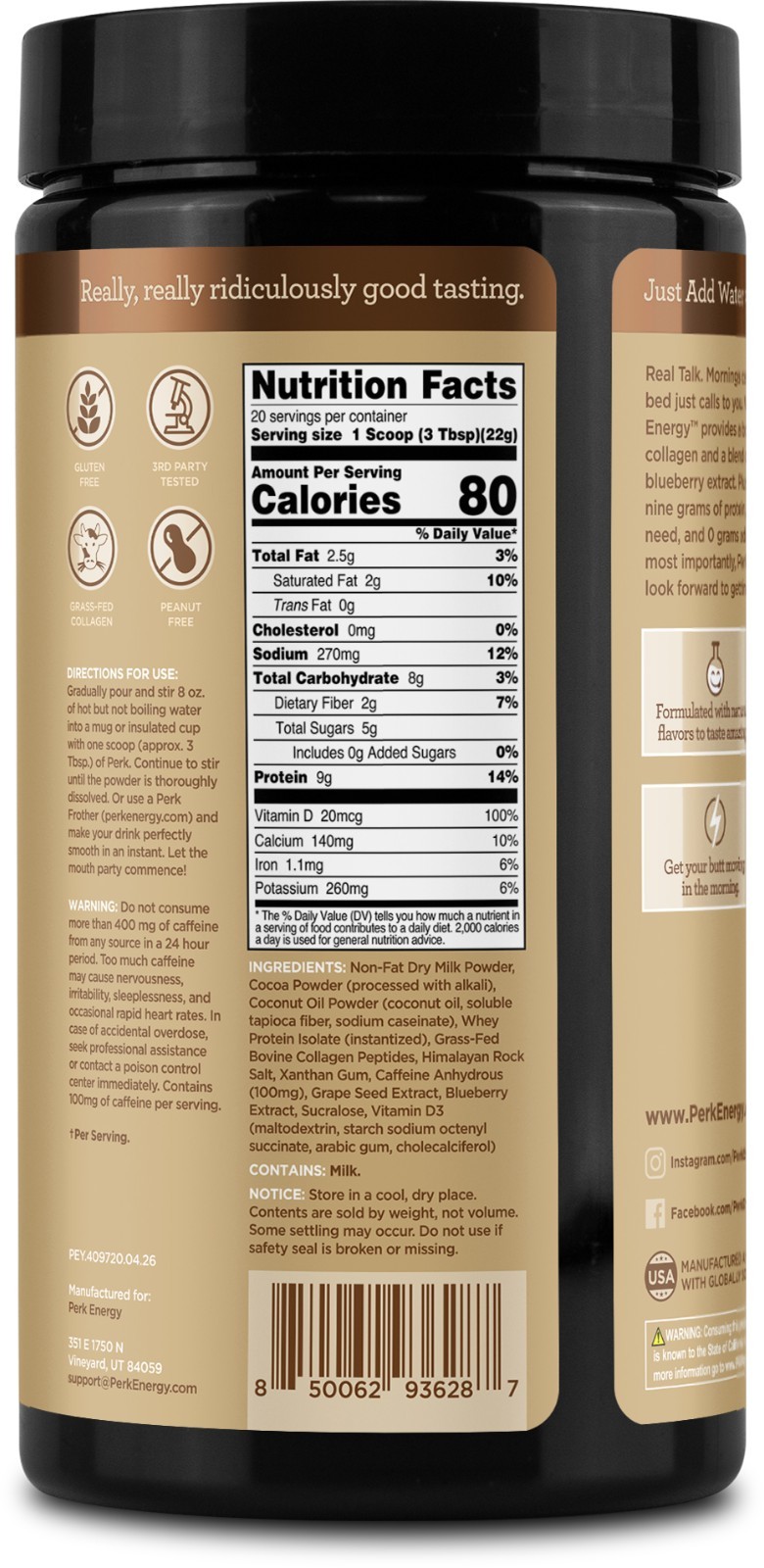 Perk Energy Original Dutch Hot Cocoa (20 Servings) – Soy Free, Peanut Free