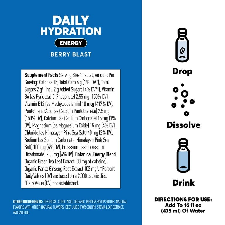 Nuun, Daily Hydration, Energy, Berry Blast 10 tablets, Pack of 8, EXP 06/26