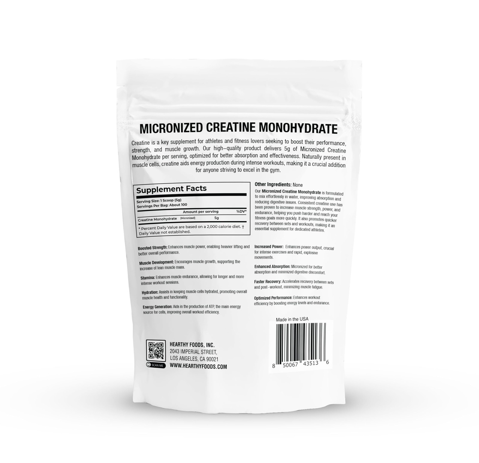HEARTHY FOODS Creatine Monohydrate Micronized Powder 500G – 100 17.6 Ounce