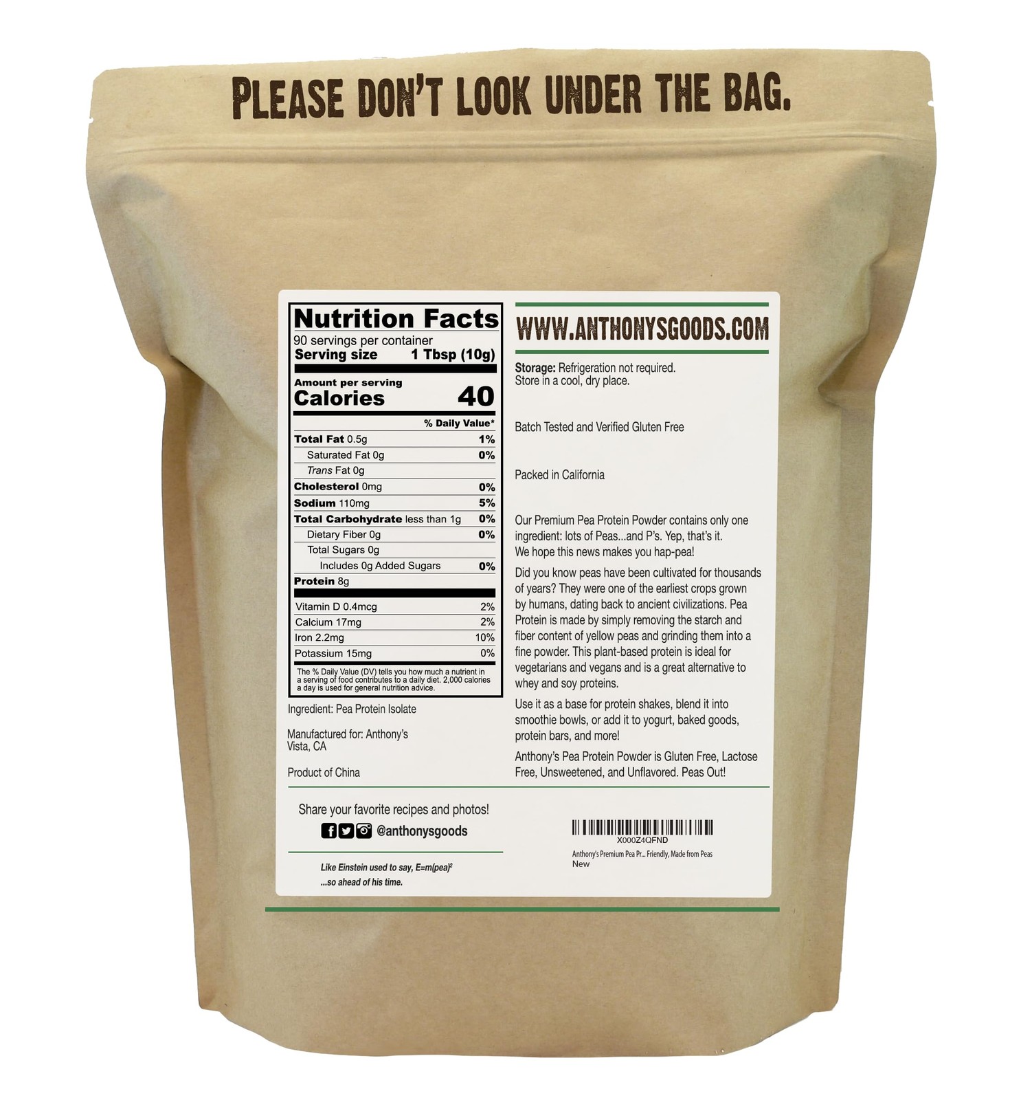 Anthony’s Premium Pea Protein, 2 lb, Plant Based, Gluten 2 Pound (Pack of 1)
