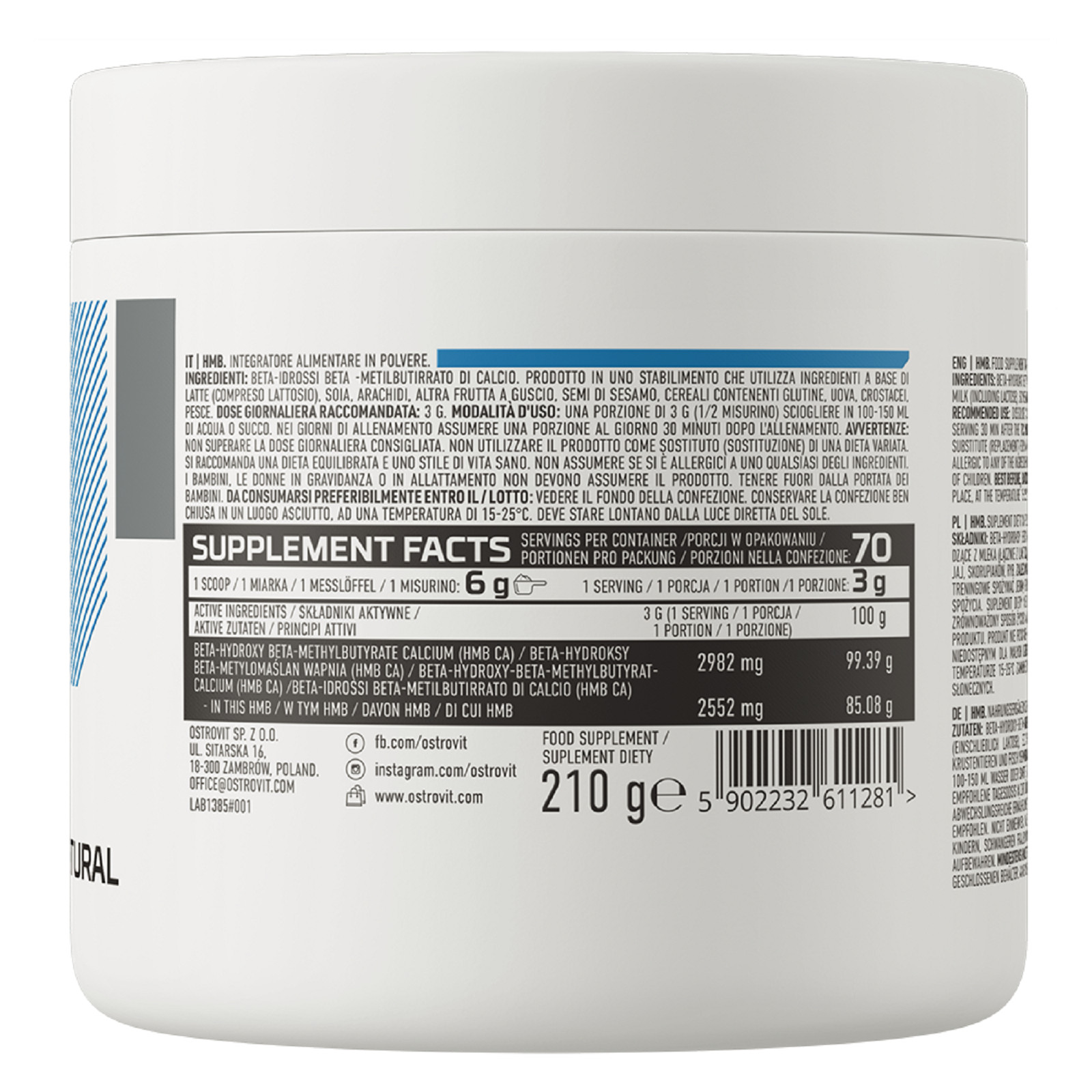 OstroVit Pure HMB Powder 70 Servings – Lean Muscle Growth Support -Fat Reduction