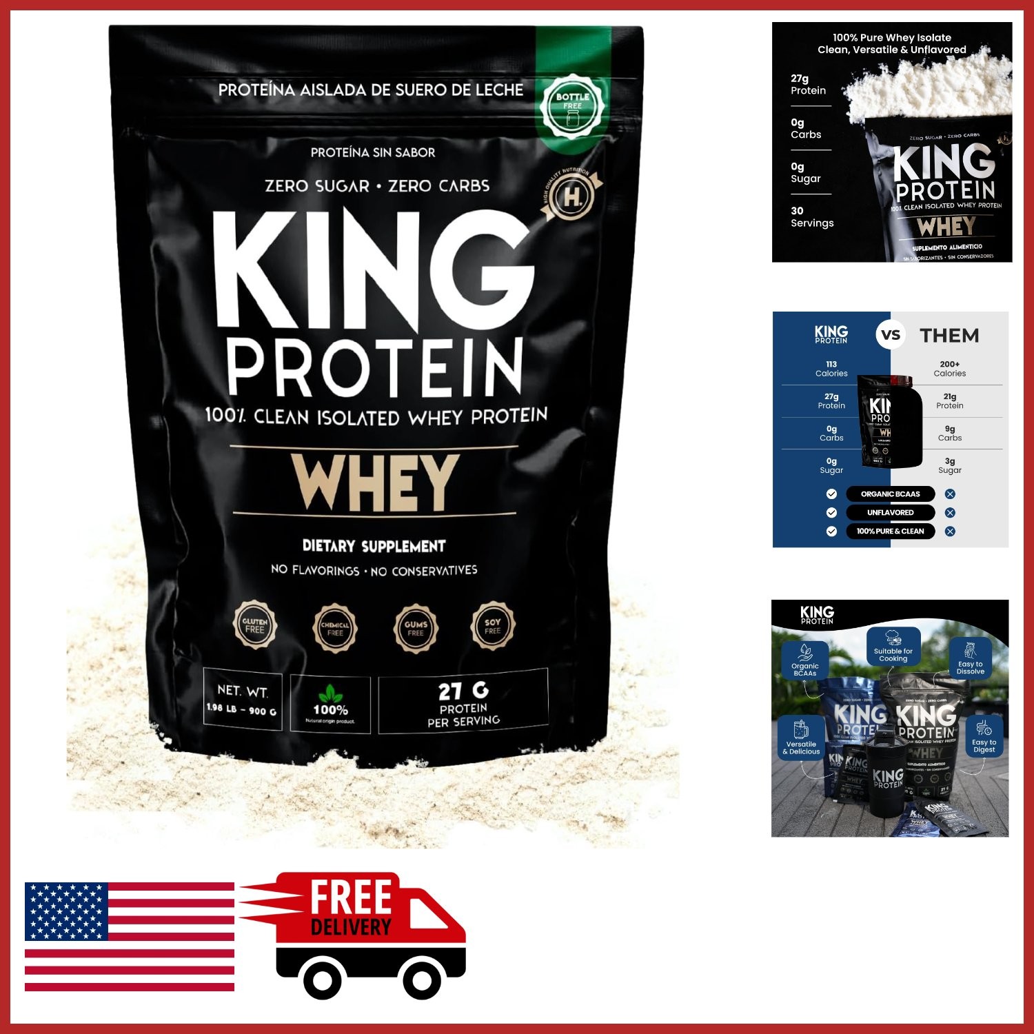Unflavored Whey Protein Isolate 27g Per Serving for Muscle Growth 30 Servings