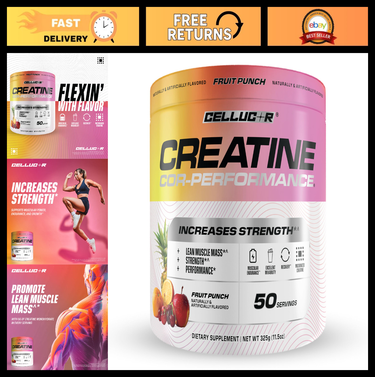 Creatine Powder Fruit Punch Boost Strength, Lean Muscle & Endurance, 5g/Serving