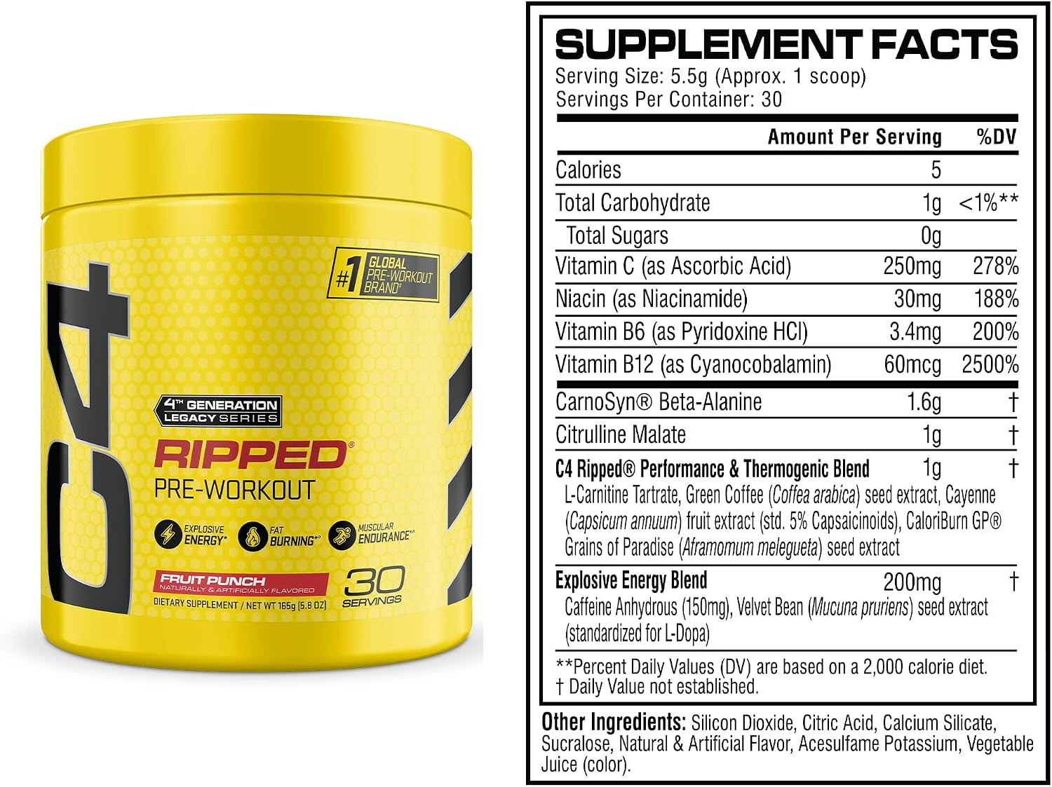 Cellucor C4 Ripped Pre Workout Powder Fruit Punch – Creatine Free + Sugar Free P
