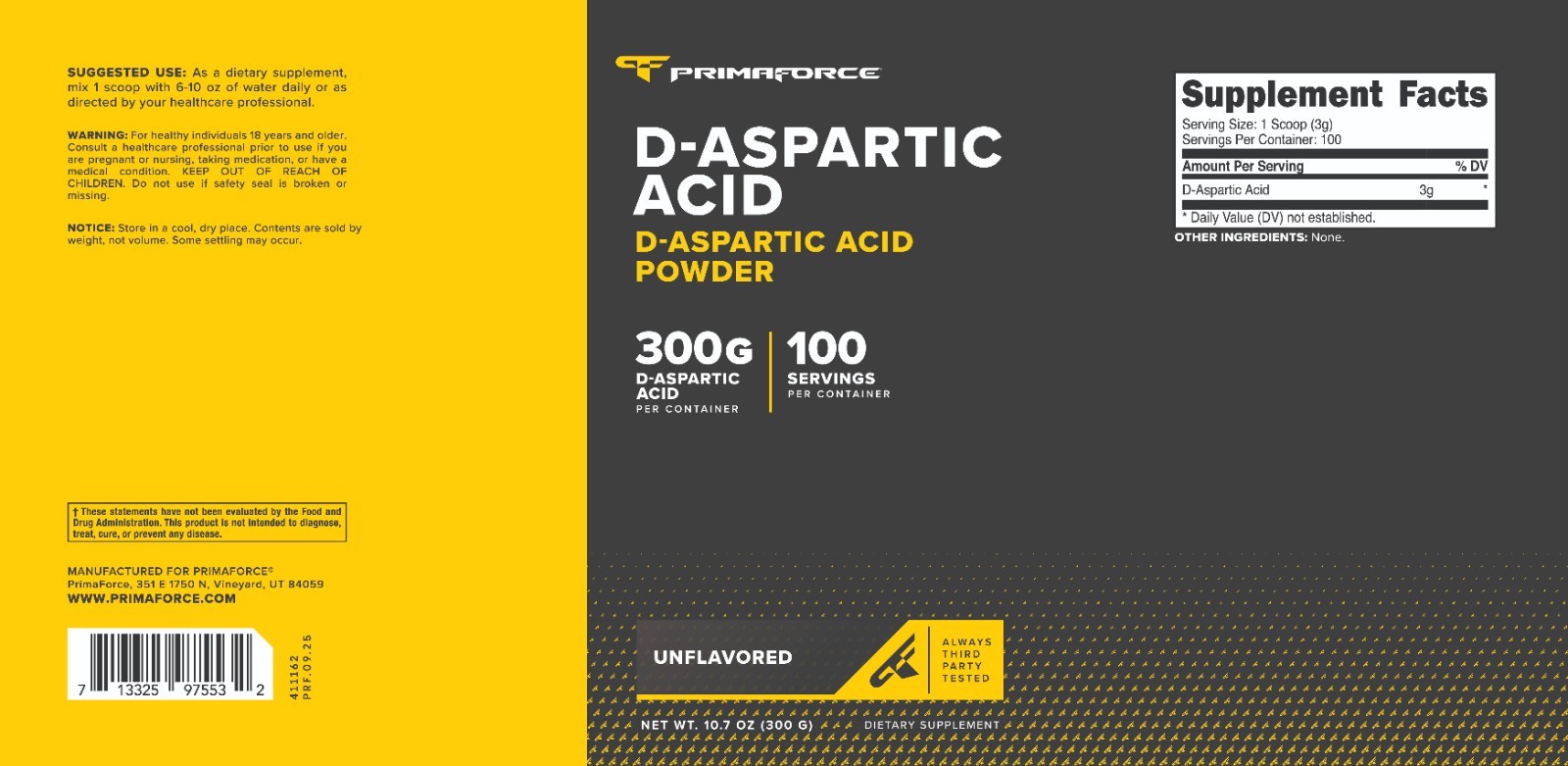 PrimaForce D-Aspartic Acid 300 Grams (100 Servings) Unflavored