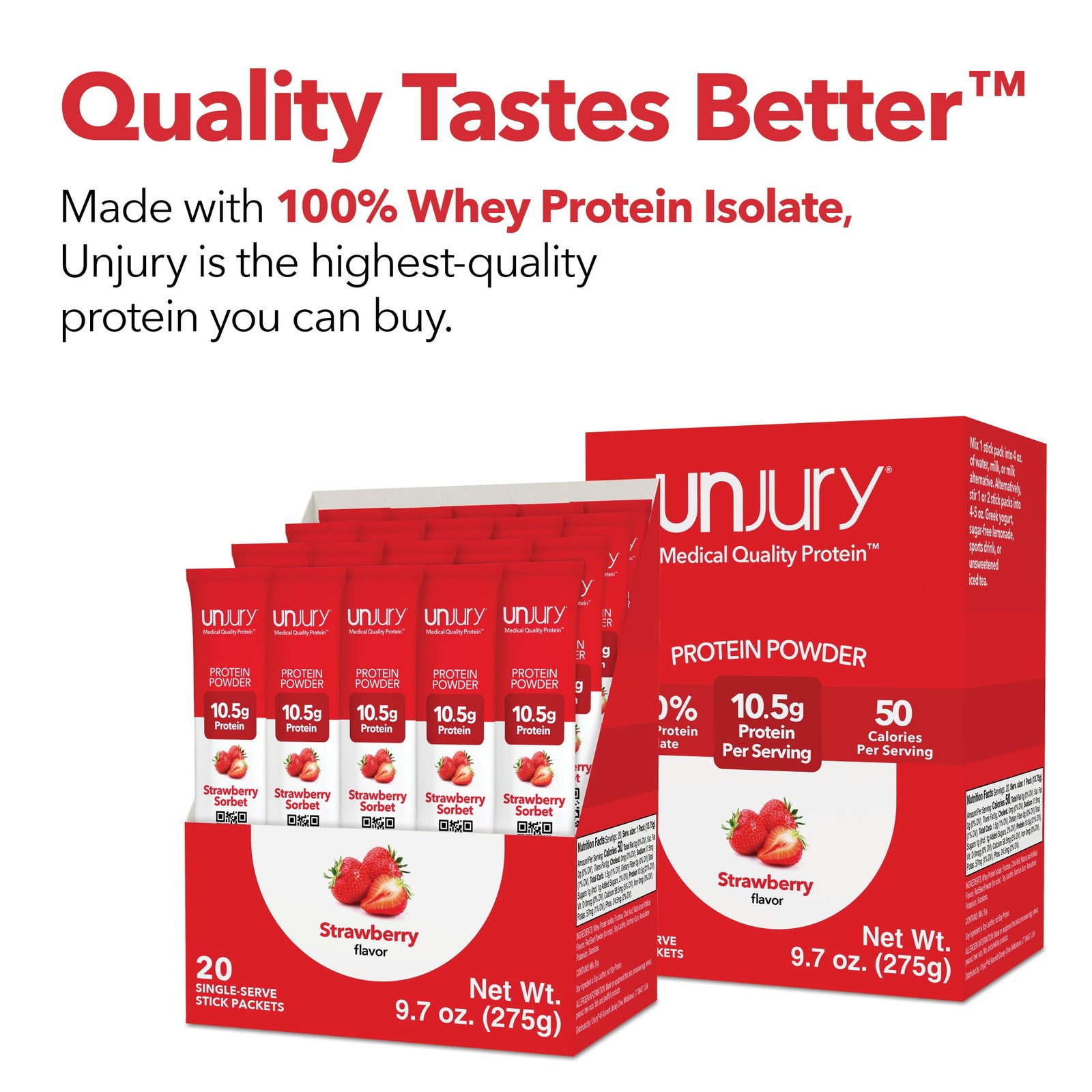 Unjury Whey Protein Powder Individual Stick Packs | Strawberry | 10.5g 100% W…