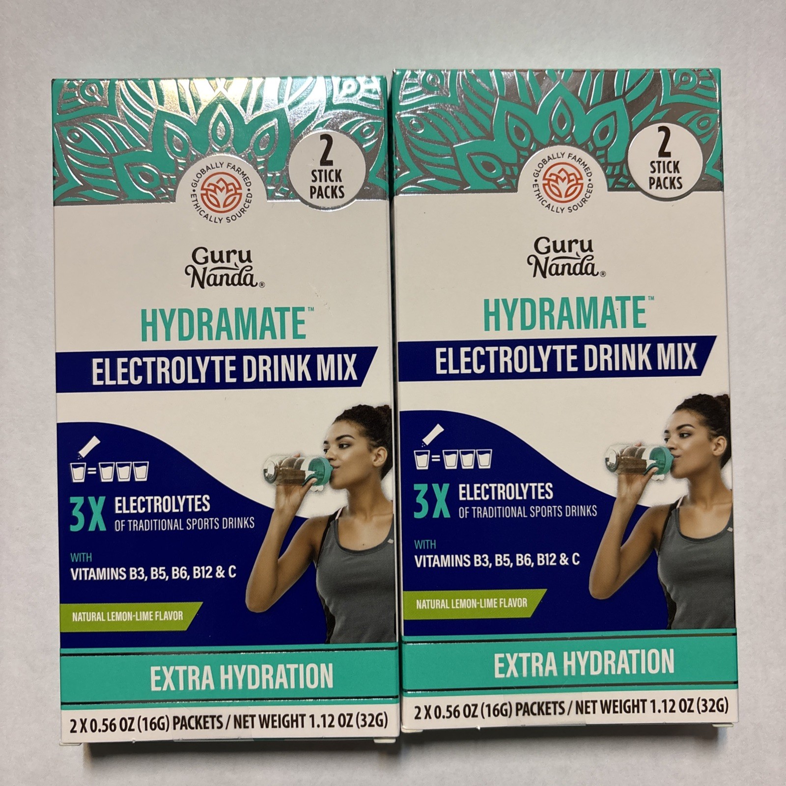 GURU NANDA HYDRAMATE Electrolytes Drink Mix Extra Hydration W/ Vitamins 2 Boxes.