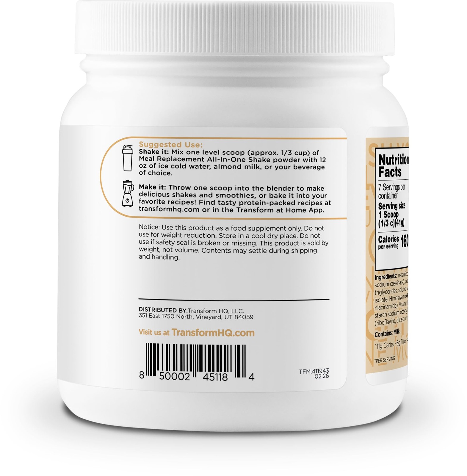 Transformhq Meal Replacement Shake Powder 7 Servings Vanilla – Gluten Non-Gmo