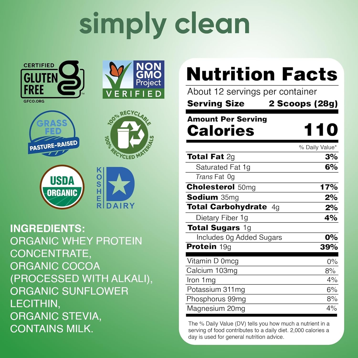 Grass Fed Whey Protein Powder Organic Non GMO Gluten Free 12oz