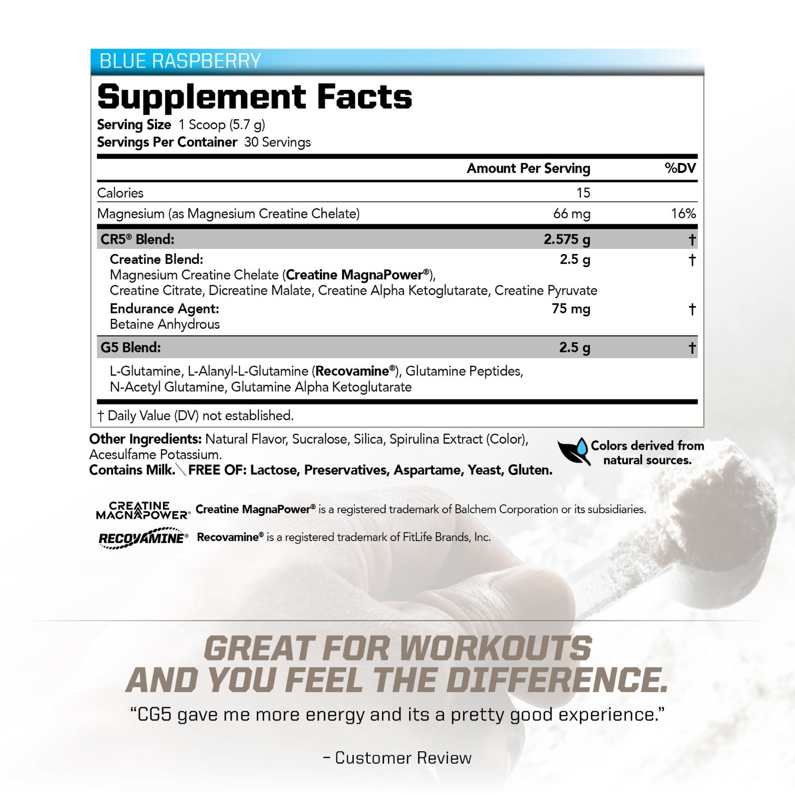 CG5-Creatine/Glutamine Powder-Strength, Power & Recovery-Blue Raspberry 30 serve