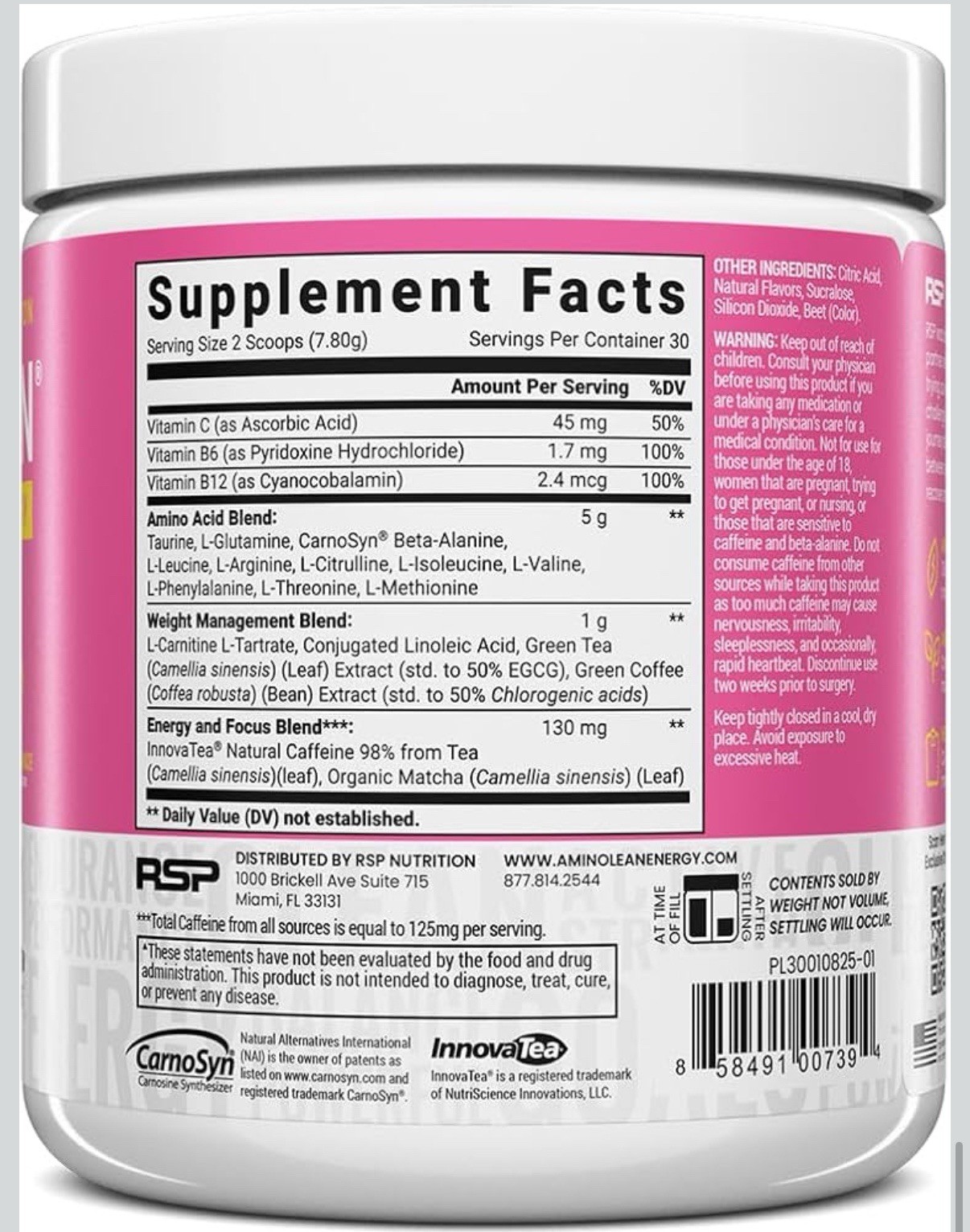 4 Pack NEW! RSP Amino Lean Pre Workout Pink Lemonade Dietary Supplement Exp 6/27