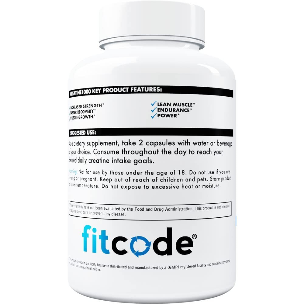 Fitcode Creatine1000, 1 Gram of Pure Creatine Monohydrate, 30 Veggie Capsules