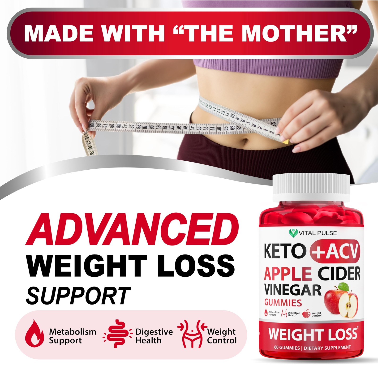 Keto ACV Gummies Advanced Weight Loss – Sugar Free 60 Gummies, Green Apple