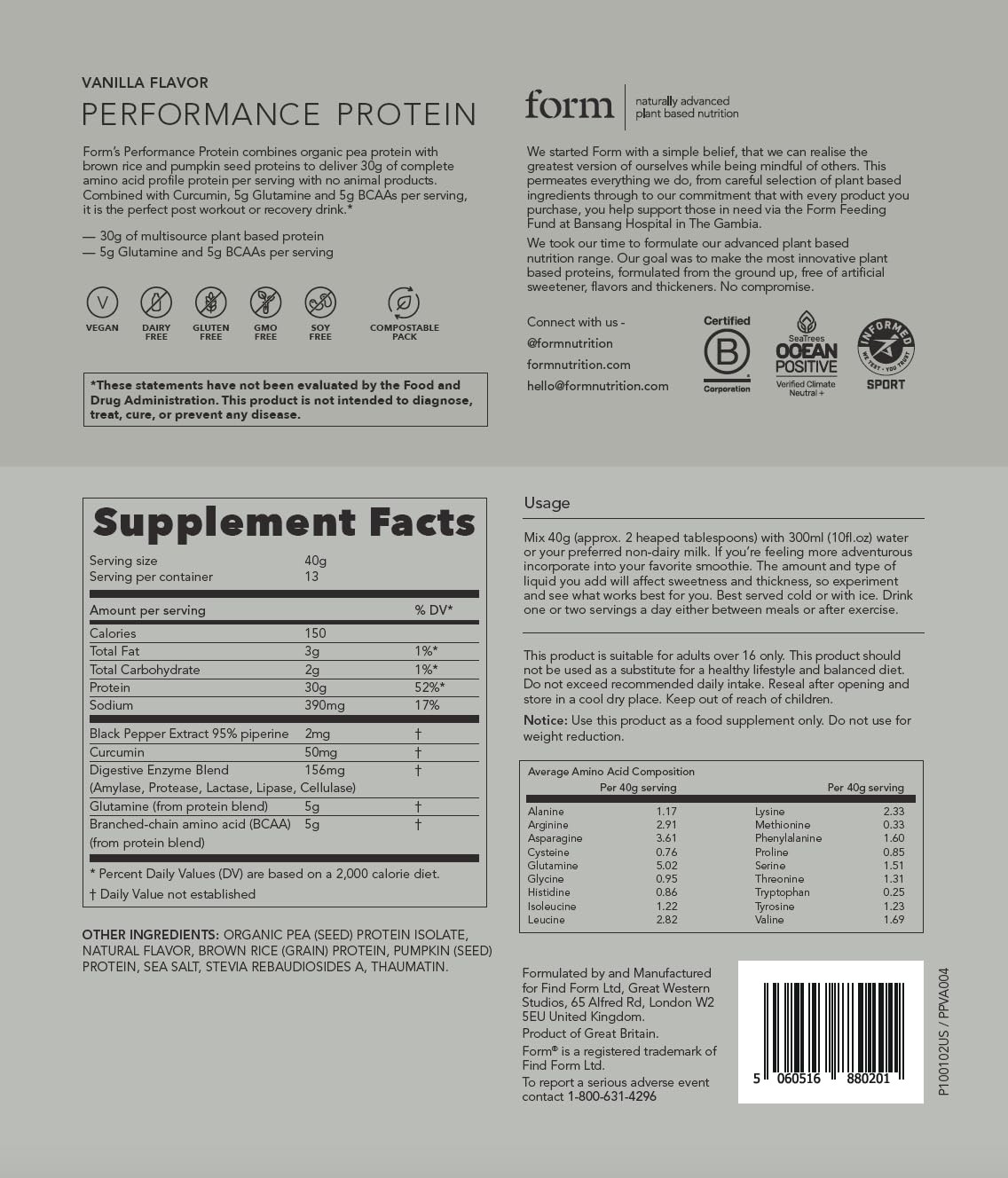 Form Performance Protein – Vegan Plant-Based Protein Powder – 30g Protein