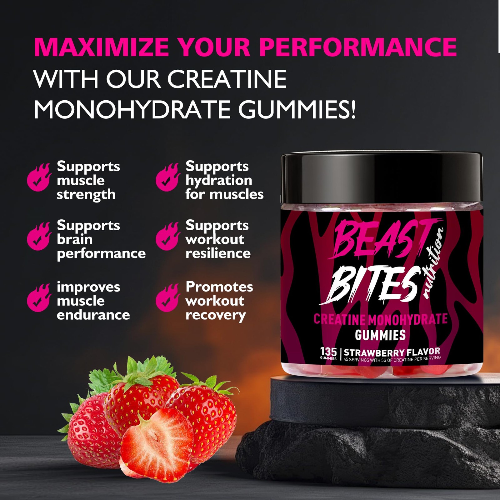 BEAST BITES Nutrition Creatine Monohydrate Gummies for Men & Women Strawberry