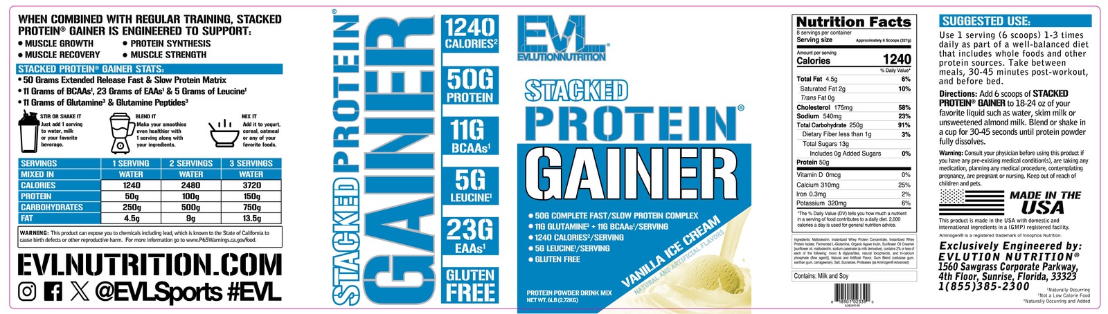 Stacked Protein Gainer, 50 Grams Whey Protein Powder Complex, 250 Grams Carbohyd