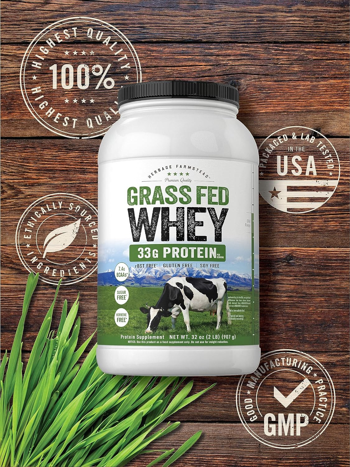 Grass Fed Whey Protein Powder 2Lb 33G of Protein per Serving Unflavored Sugar an