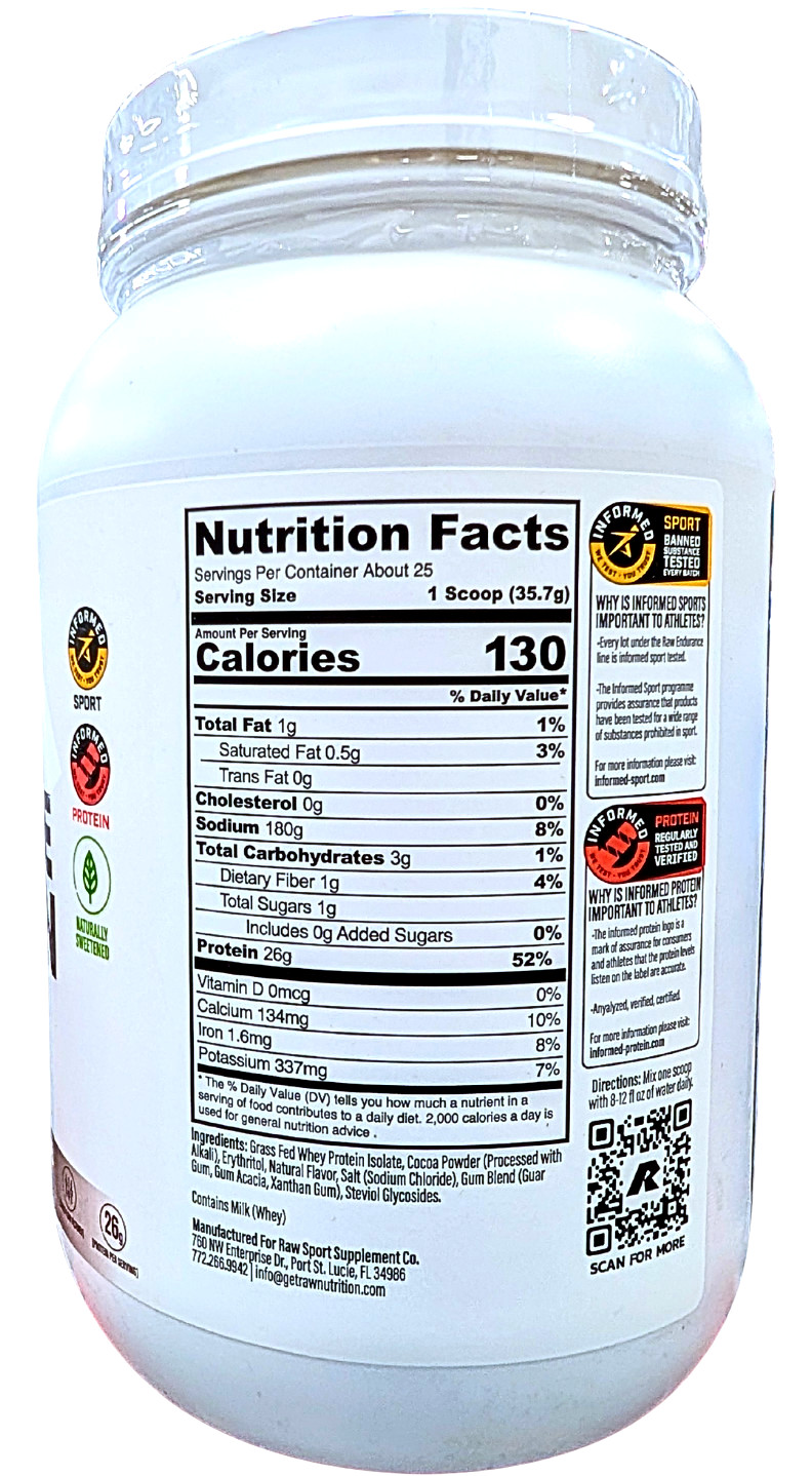 RAW 25g Grass Fed Whey Isolate Protein Powder Dark Chocolate 1.97 lbs. EXP 10/26