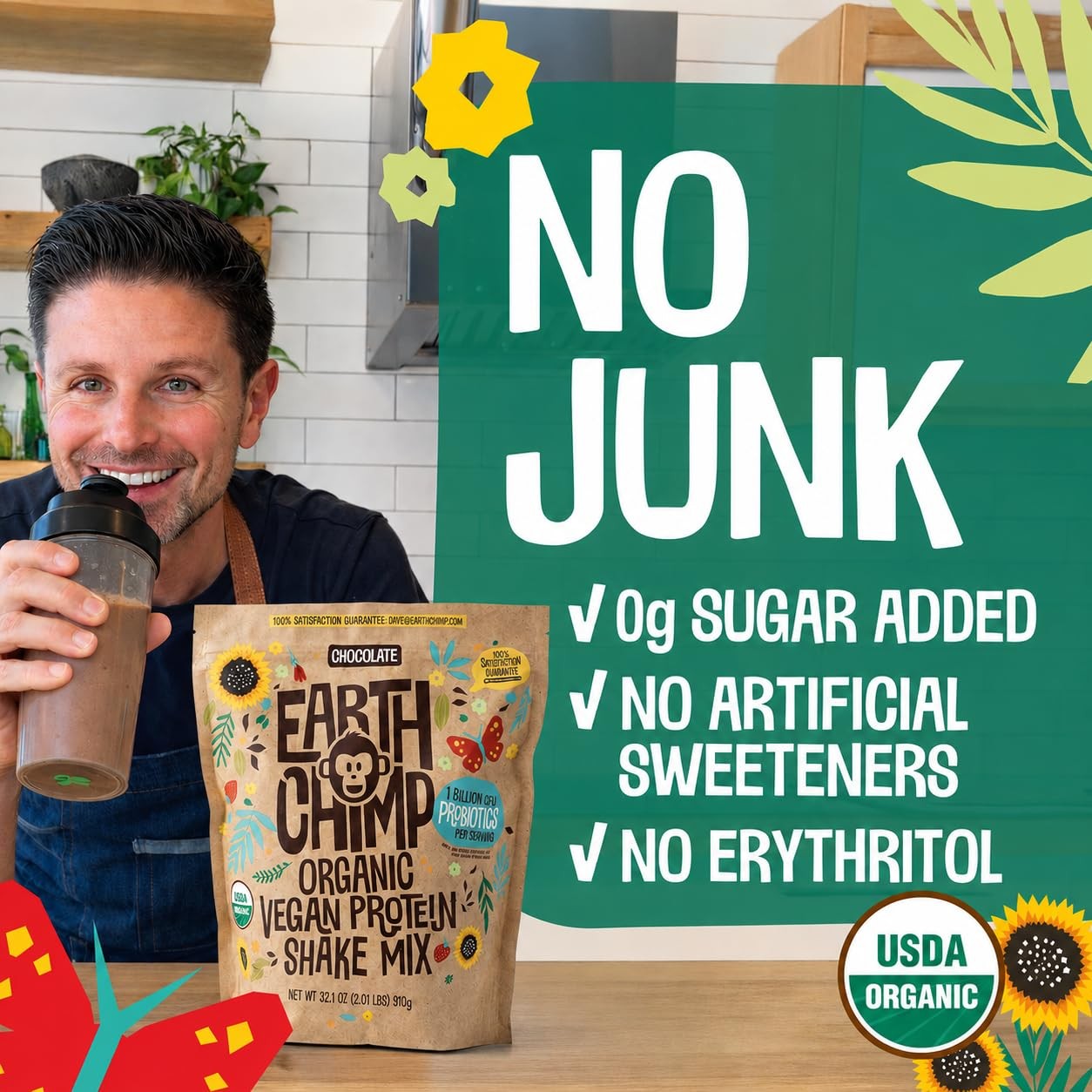 EarthChimp Organic Vegan Protein Powder – with Probiotics – Non GMO, Dairy Free,