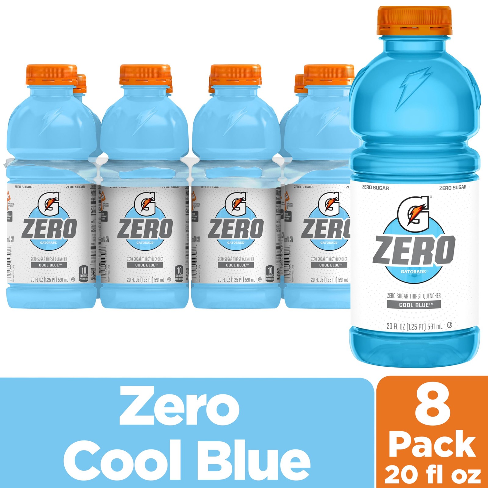 Gatorade Thirst Quencher Zero Sugar Sports Drink, 20 Fl Oz (Pack of 8), blue