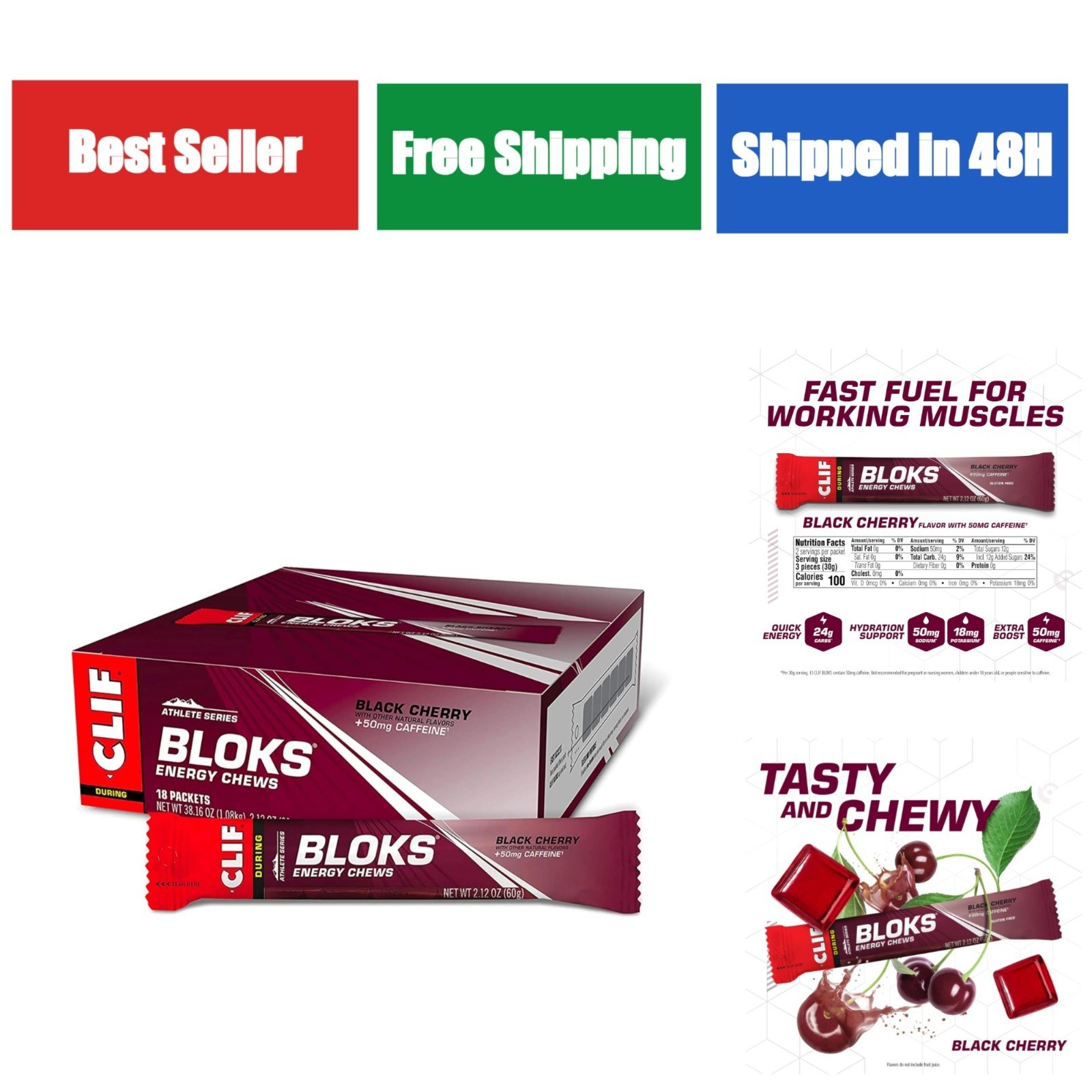 Clif Bloks Energy Chews – Black Cherry Flavor – Caffeine Boost – 18 Count