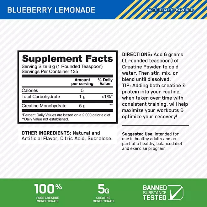 Optimum Nutrition, Micronized Creatine, Blueberry Lemonade, 1.78 lbs. FREE SHIP