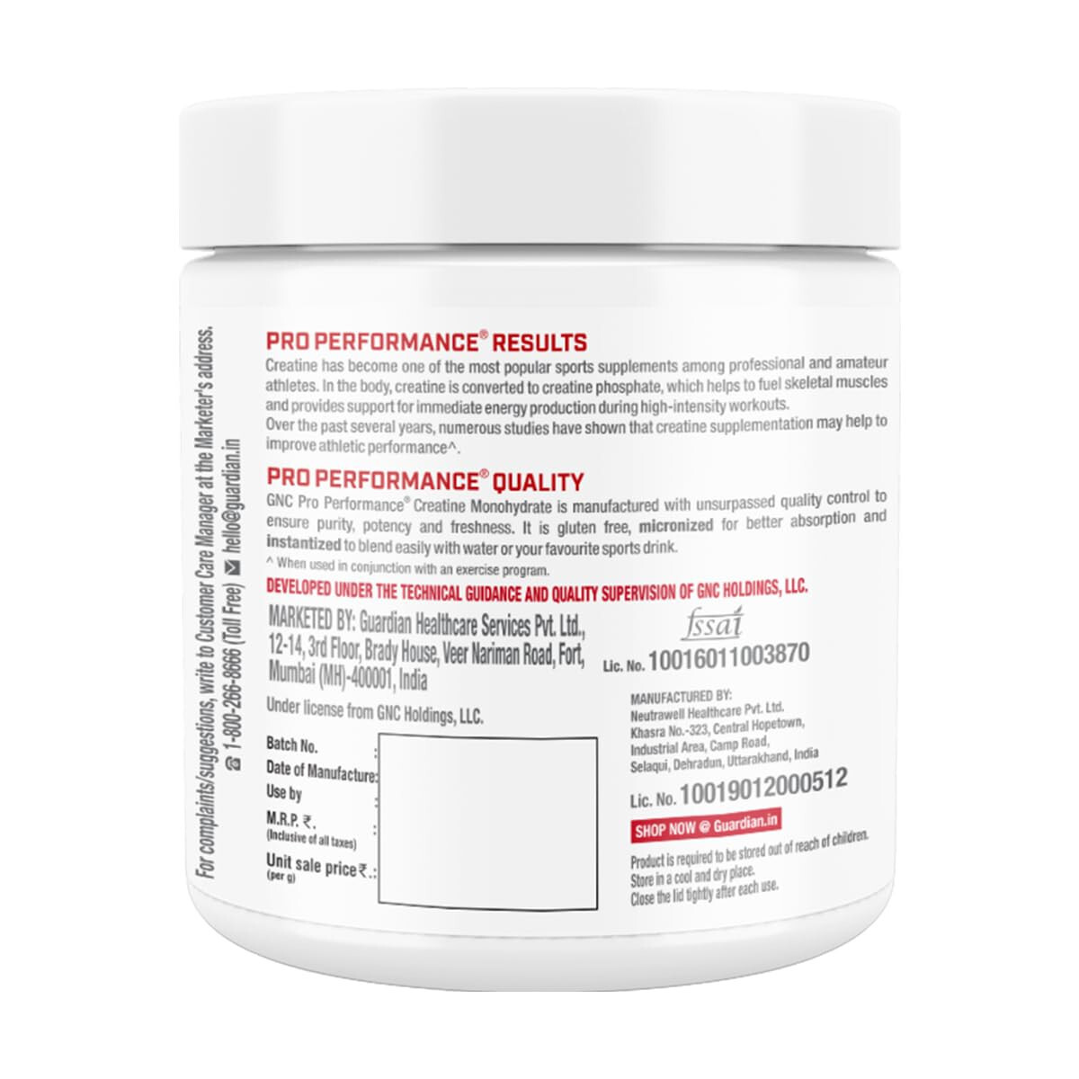 GNC Pro Performance Creatine Monohydrate Unflavoured 250gm Micronized