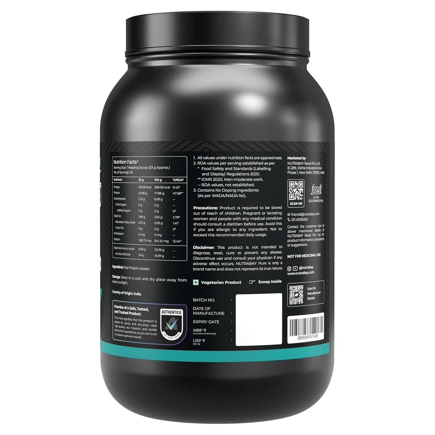 Pure Pea Protein Isolate – 25.3g Protein, 5g BCAA -1 Kg Unflavoured, 30 Servings