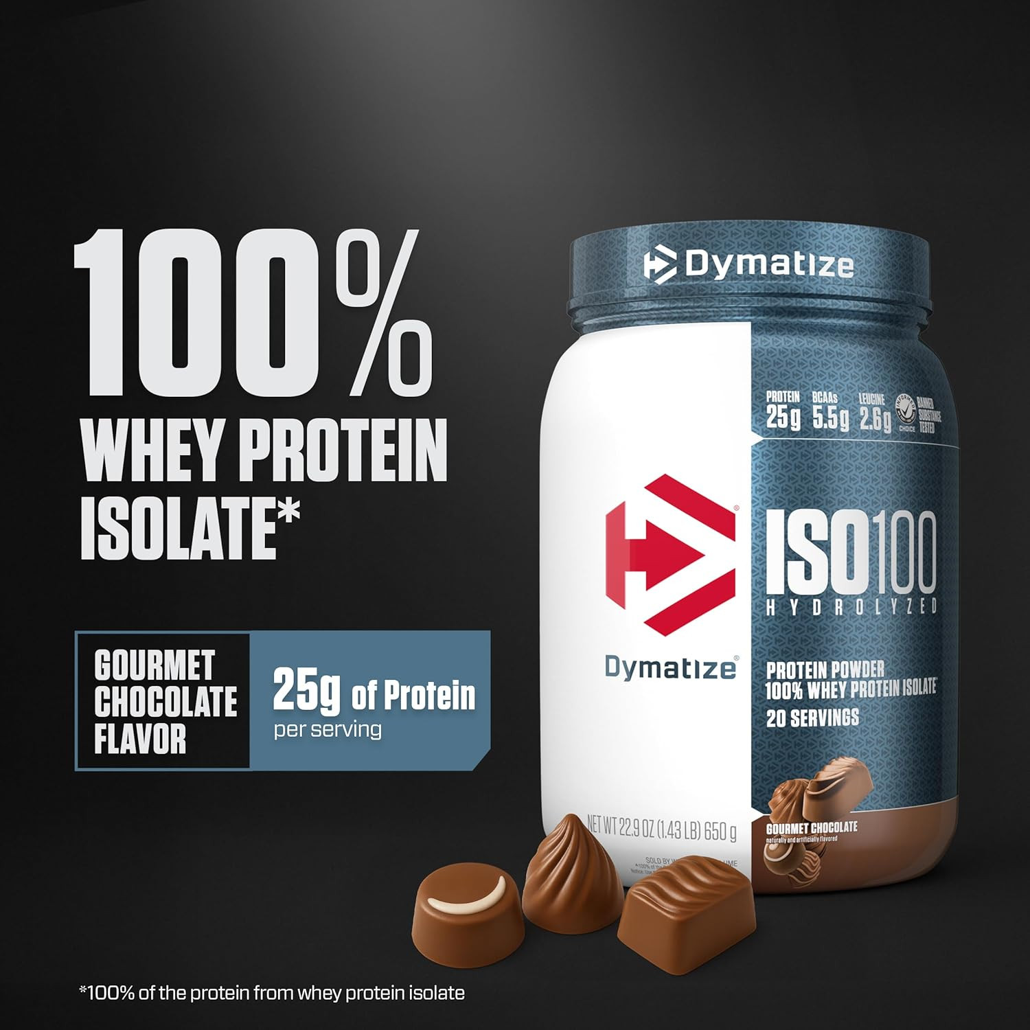 ISO100 Whey Protein Powder Isolate, Gourmet Chocolate, 25G of Protein, 20 Servin