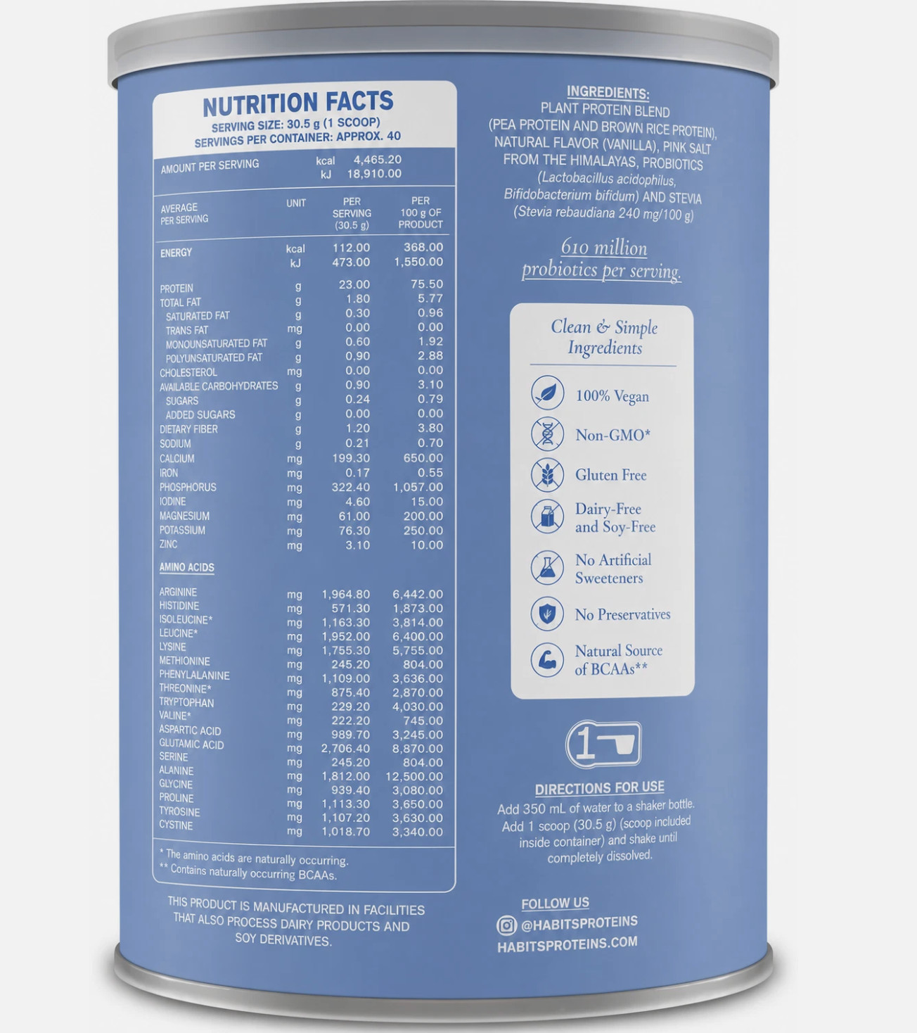 HABITS Vegan Protein Powder Vanilla 1.22kg Plant-Based Protein Blend