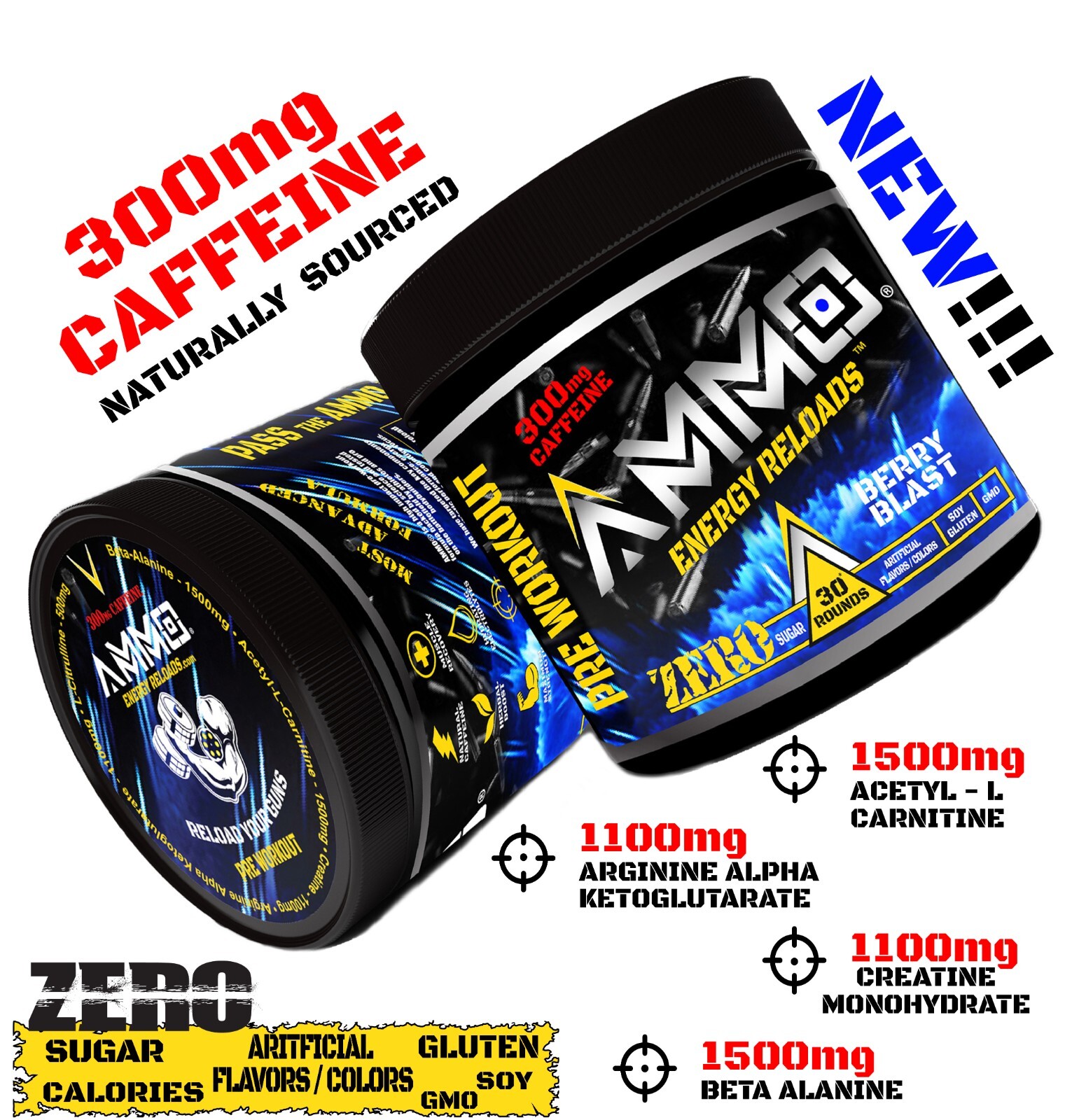 AMMO ® Energy Reloads Pre-Workout powder Berry ALL Natural NO Sugar 30 servings