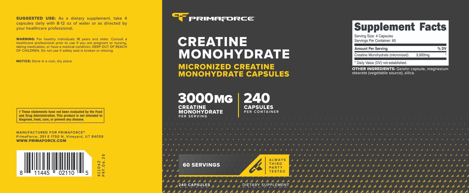 Primaforce Creatine Monohydrate Capsules – 240 Capsules, 3,000mg per Serving