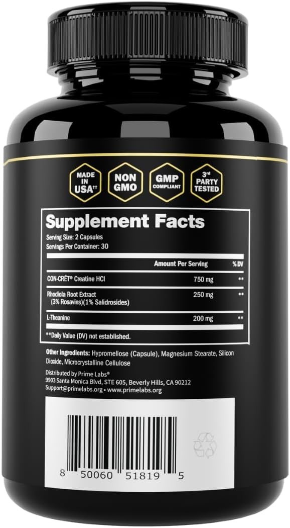 Prime Labs Creatine HCl Capsules – with CON-CRĒT®, Rhodiola Root Extract, &