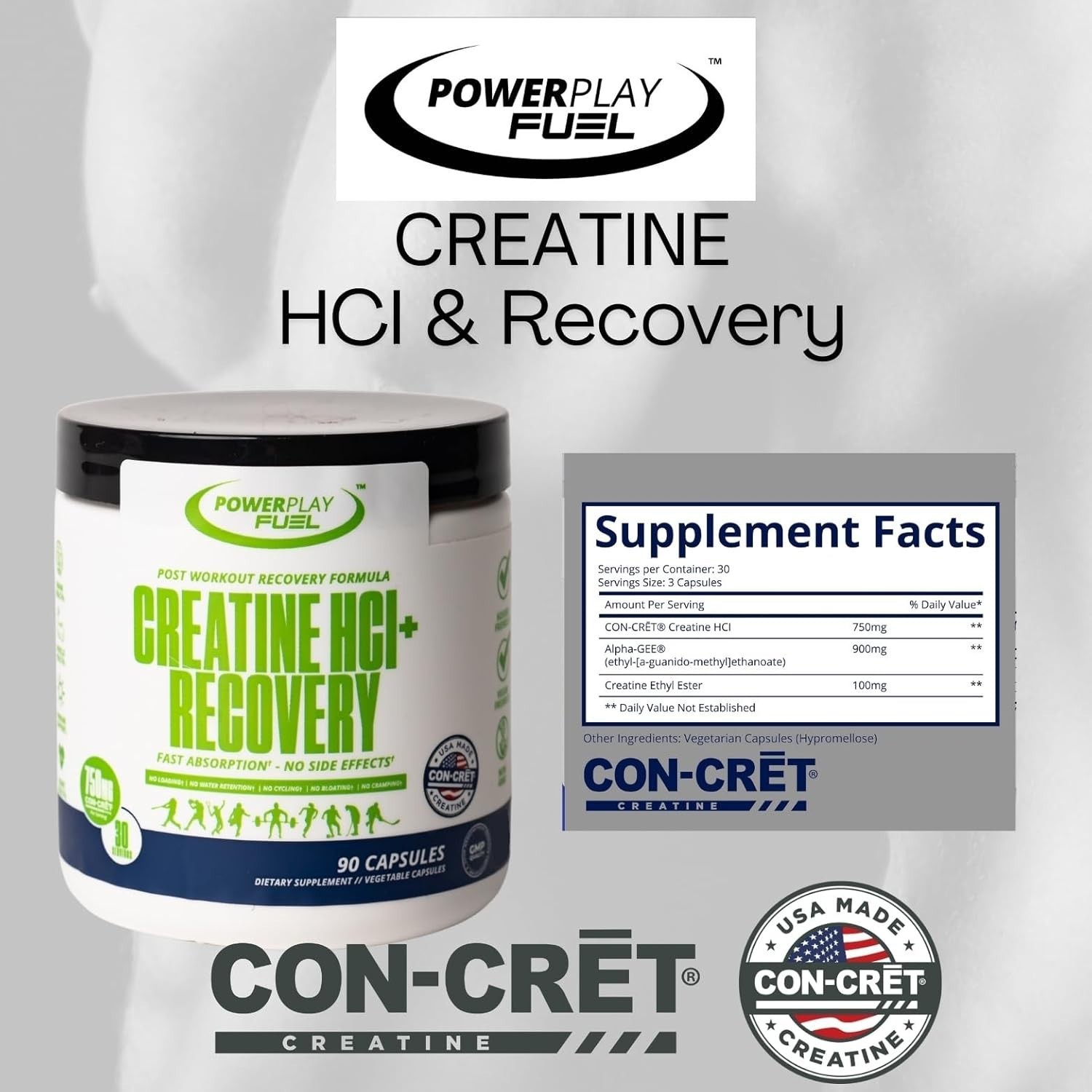 PowerPlay Fuel CREATINE HCl + Recovery Capsules for Muscle & Brain Health – 90ct