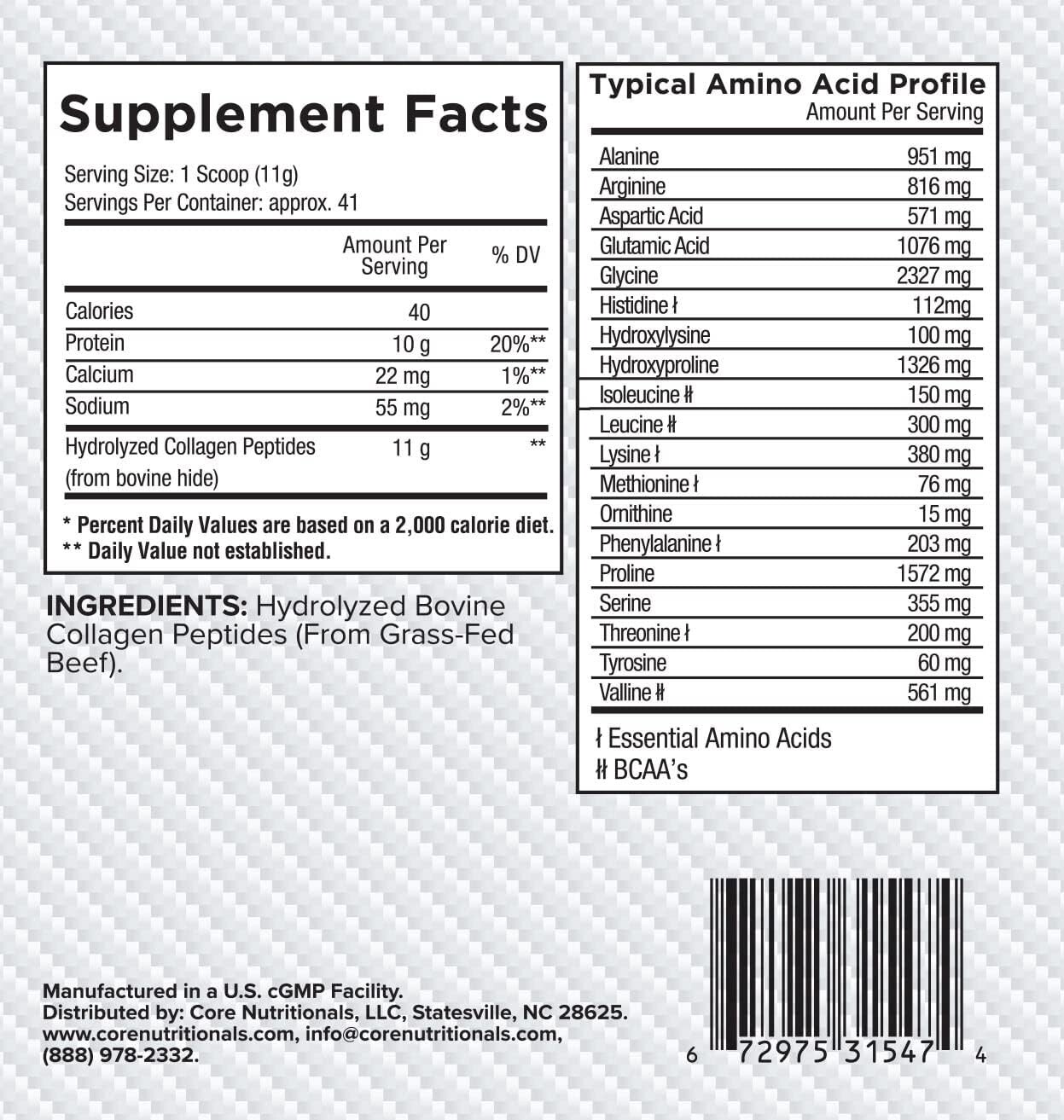 Core Nutritionals Collagen, Grass Fed Bovine Collagen Peptides – 35 Ser – Choc