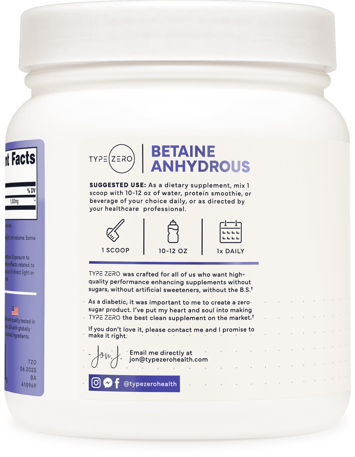 Type Zero Betaine Anhydrous Powder (1 LB) Unflavored – TMG Powder, 1,500mg, Keto