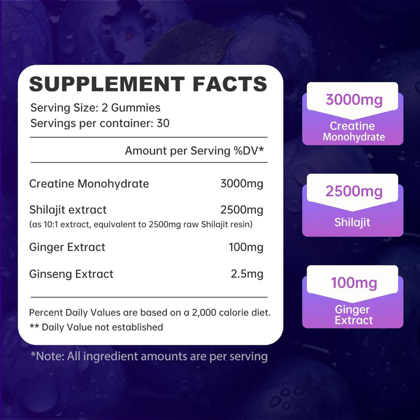 Creatine Gummies 3000mg with Shilajit 60 Ct Blueberry Muscle Recovery Energy