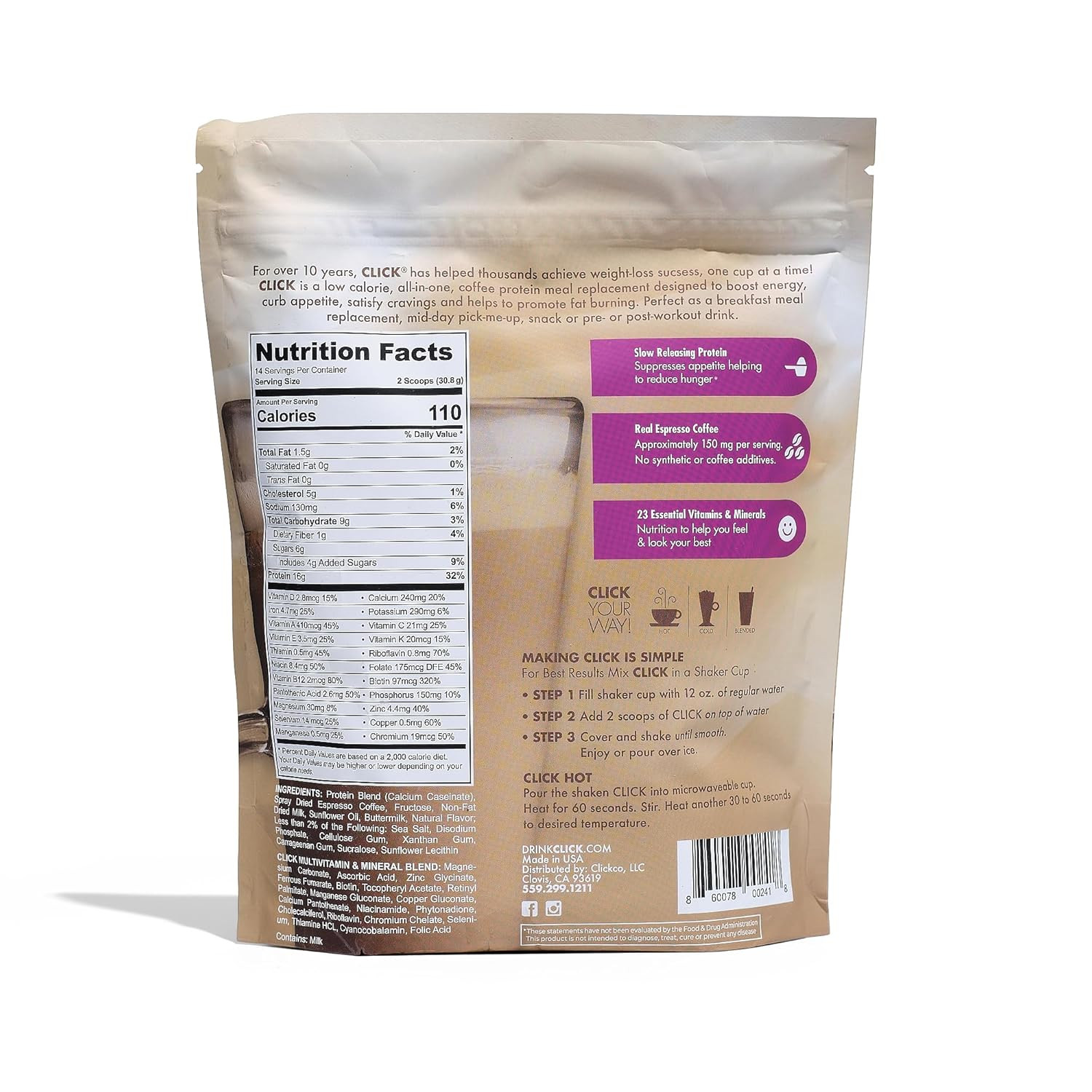 Click Coffee Protein Powder | Double Shot Espresso | 16G Protein | 23 Essential