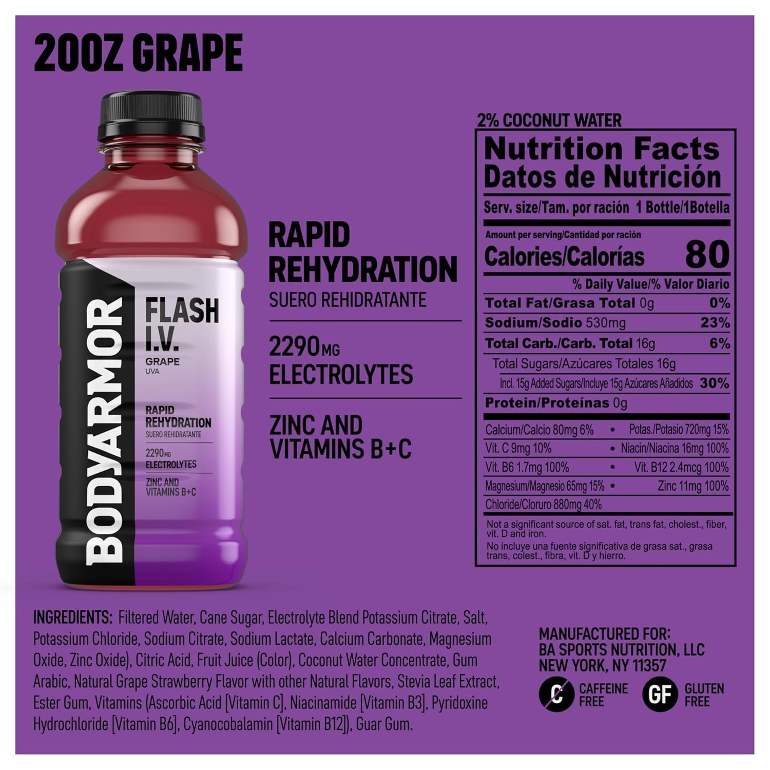 Flash I.V. Electrolyte Drink – Grape Flavor, 20 Fl Oz (Pack of 12) Hydration