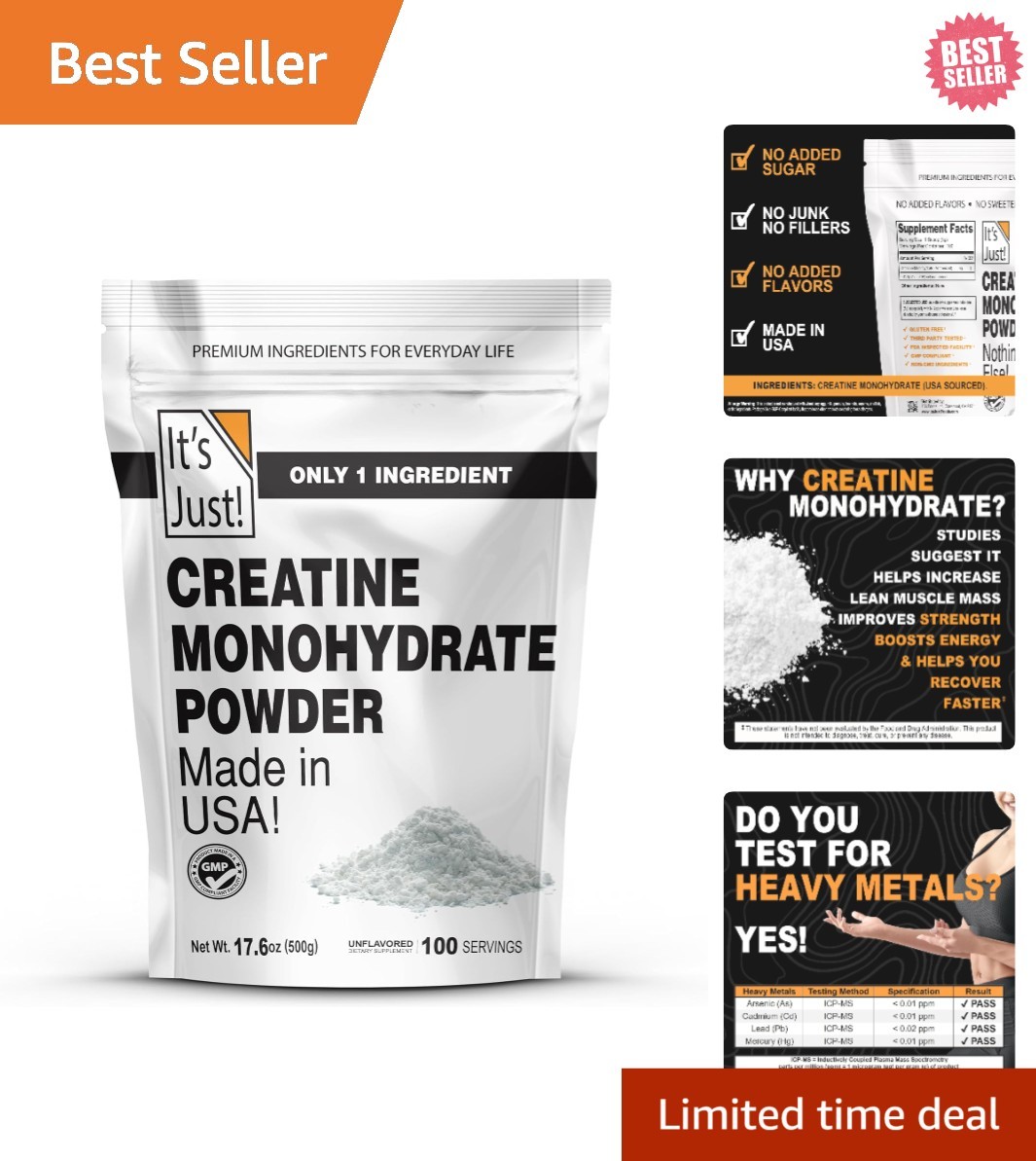 Pure Creatine Monohydrate Powder, 500g Unflavored, 5g Per Serving, Lab Tested