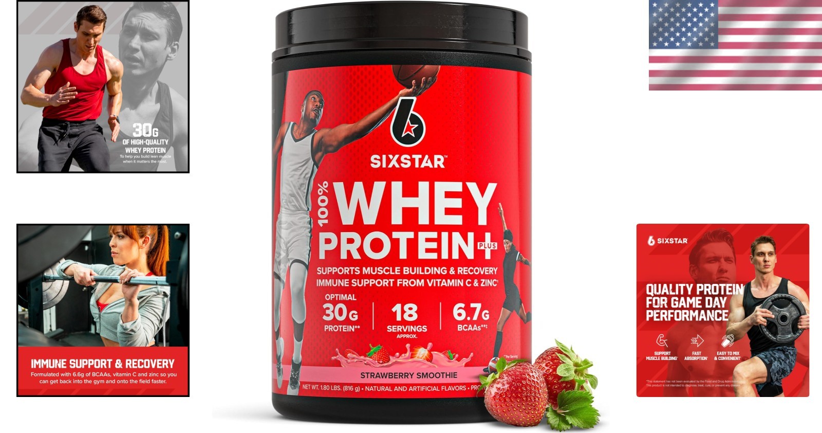 SIXSTAR Whey Protein Powder Plus – 30g Protein, BCAAs, Immune Support – 1.8 lbs