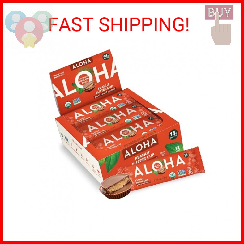 ALOHA Organic Plant Based Protein Bars – Peanut Butter Cup Bar – 12 Bars, Vegan,