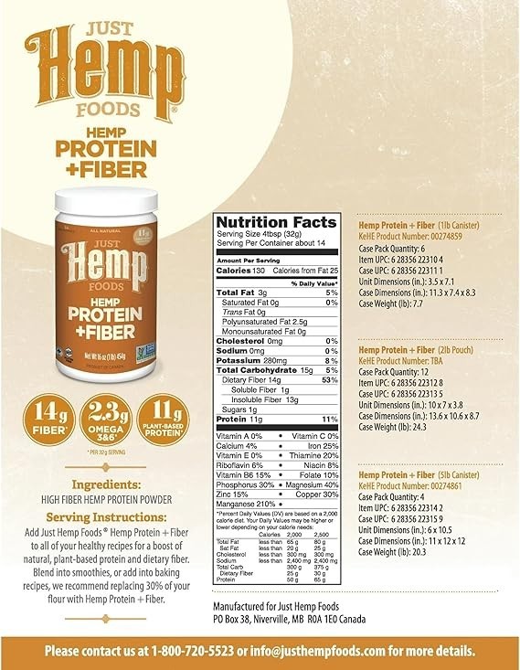 Just Hemp Foods Protein Powder Plus Fiber, Non-GMO Verified with 11g of…