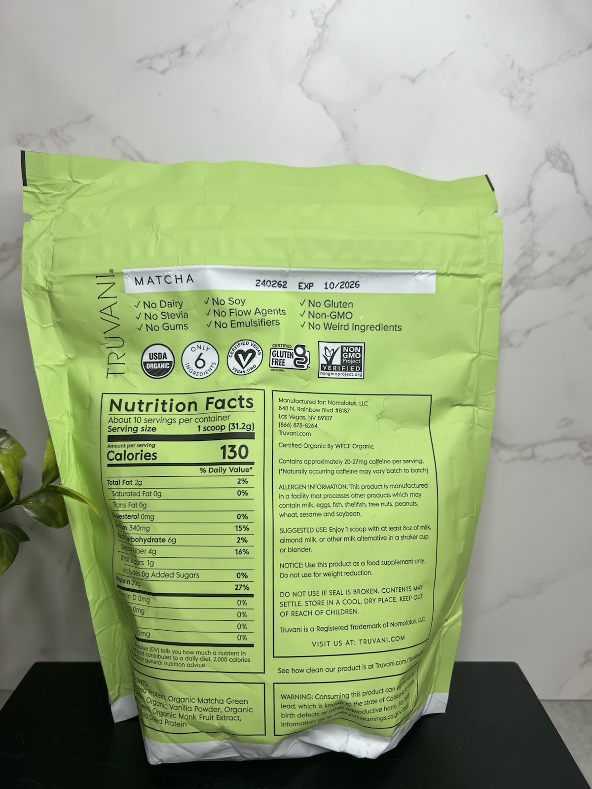 Truvani Organic Plant-Based Protein Powder Matcha Vegan 11oz 10 Serv Exp 10/26