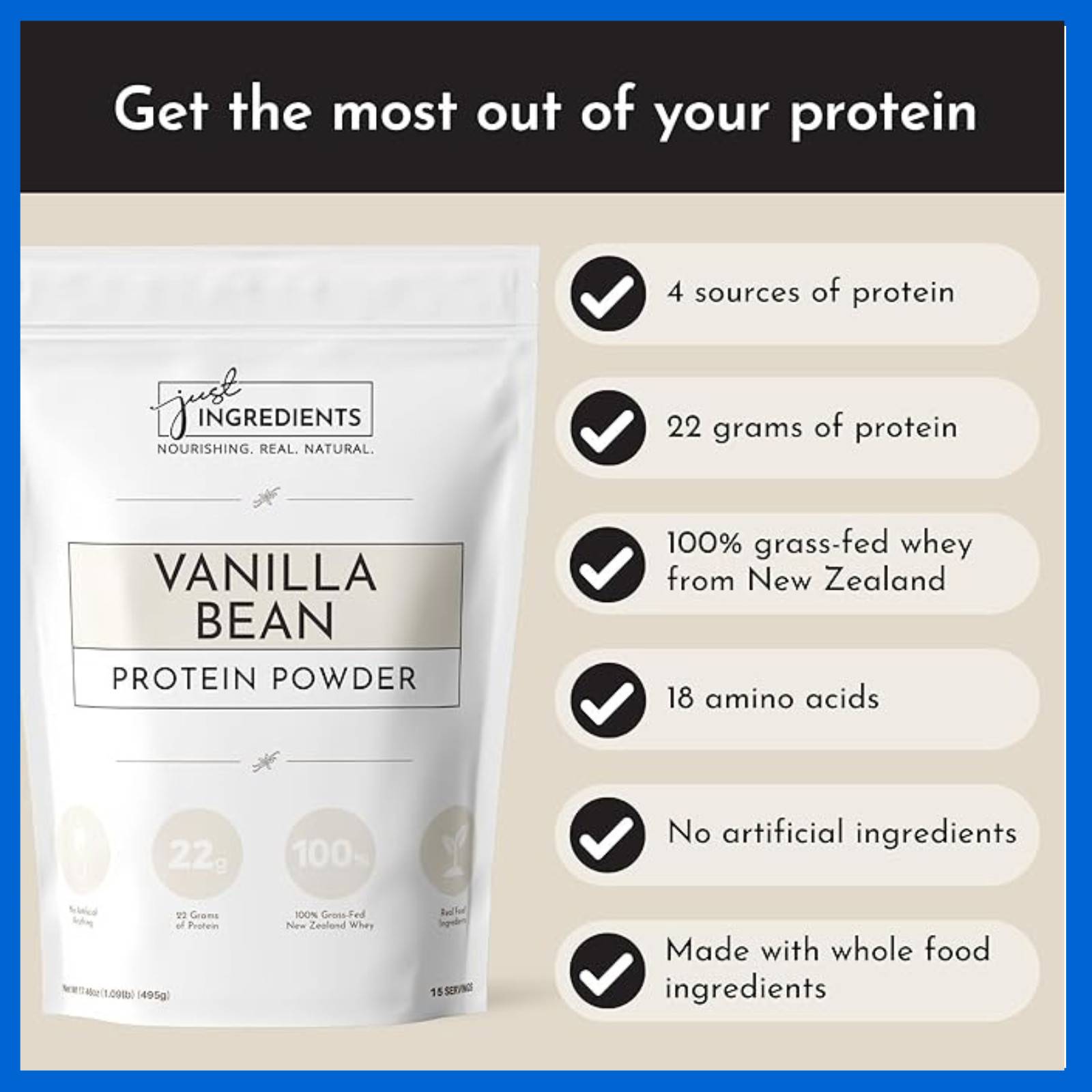 JUST INGREDIENTS Vanilla Protein Powder 22g Grass Fed Whey 15 Servings 3PK