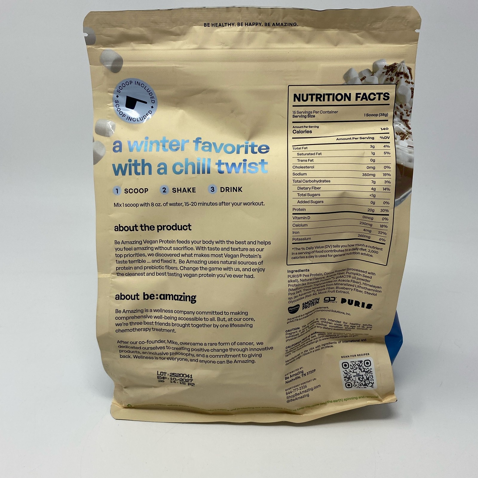 Be Amazing Vegan Protein Frozen Hot Chocolate 15 Servings 20.1oz