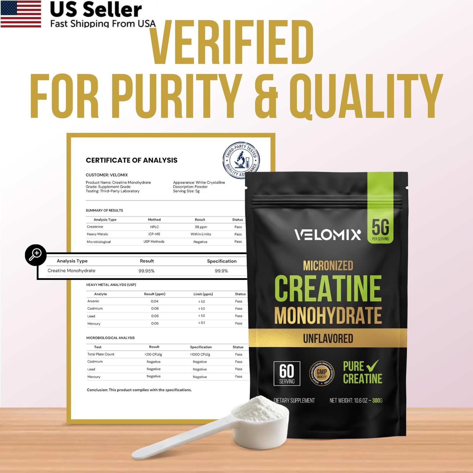 VELOMIX 100% Pure Creatine Monohydrate Powder 5g 60 Servings Micronized FROM USA