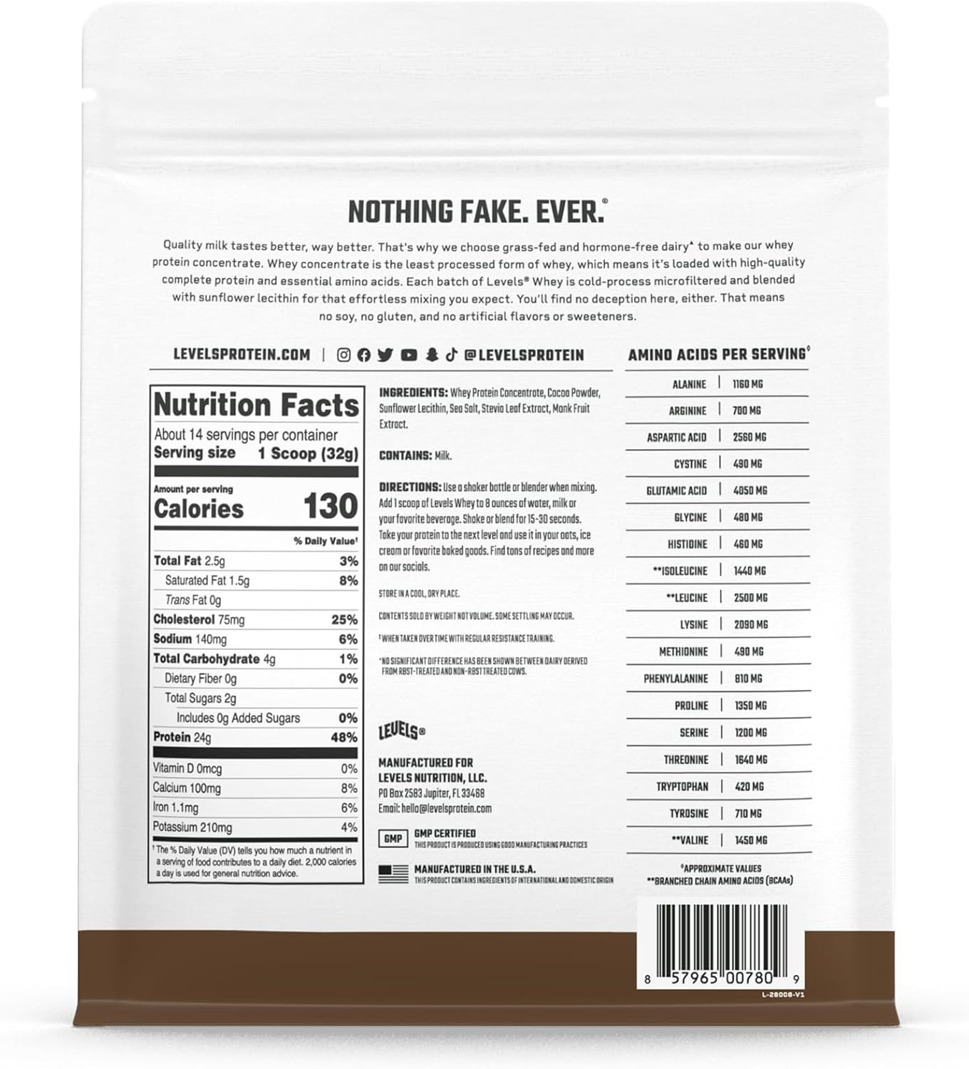 Levels Grass Fed Whey Protein Powder, No Artificials, 24G of Protein, Double Cho