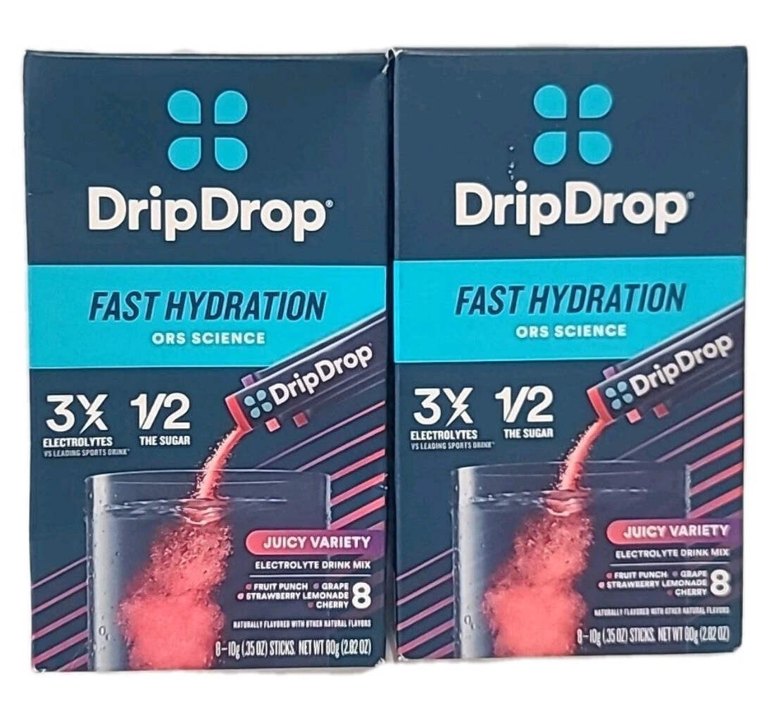 2x Drip Drop Dehydration Relief JUICY VARIETY Powder 8 Stick EXP 10/28