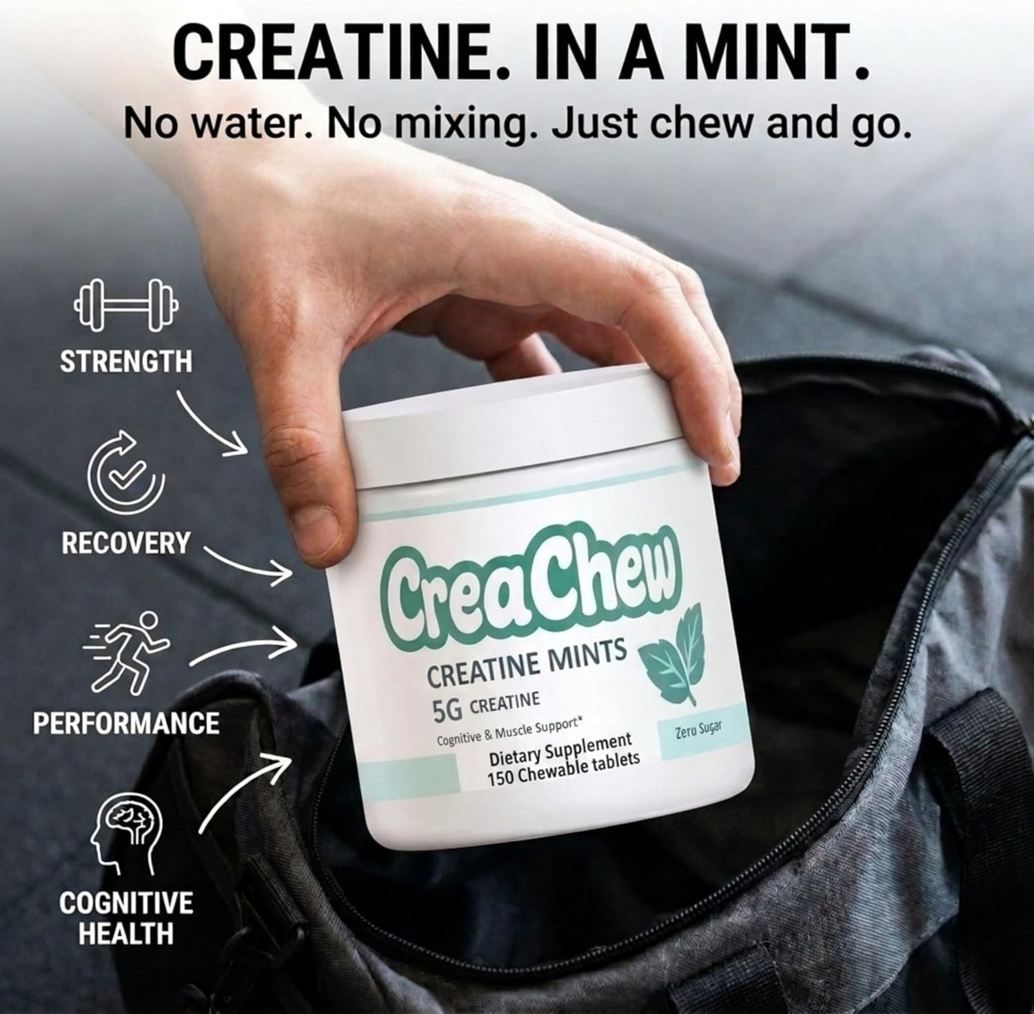 Creatine Monohydrate 5G Chewable Mints, Cognitive & Muscle Support, Zero Sugar